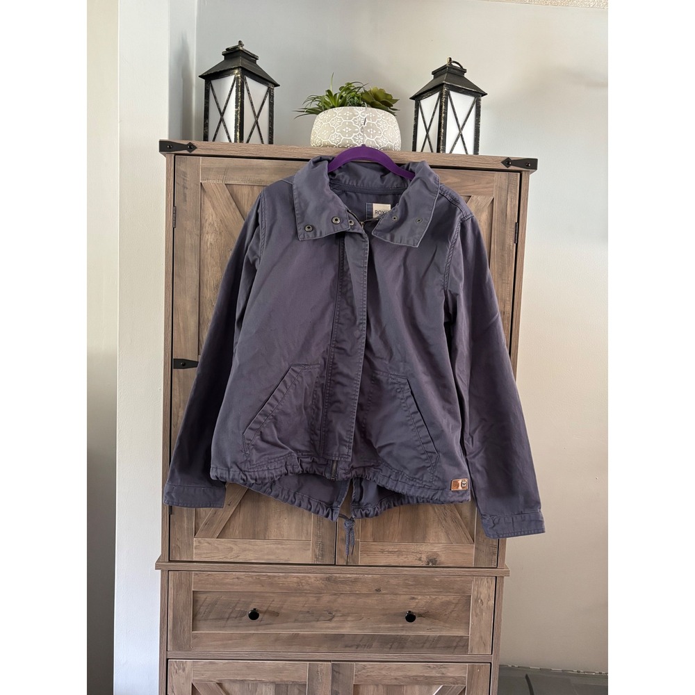 Roxy Womens Navy Blue Embroidered Hooded Utility Jacket Full Zip Canvas Large